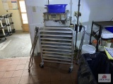 Rolling metal serving cart, metal rack, lot of dishes, etc