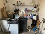 Metal rack & contents, garbage cans, etc