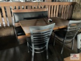 Two 3' wood tables, 4' wood table, 2 bench sections & 4 metal chairs