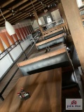 Two 4' wood tables, 3 bench sections, & 2 metal chairs