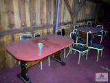 Lot 2 wood tables, 18 metal chairs, and wood bar