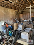 Contents of shed: Barware, glassware, Banquet SS servers, racks, wood table, etc