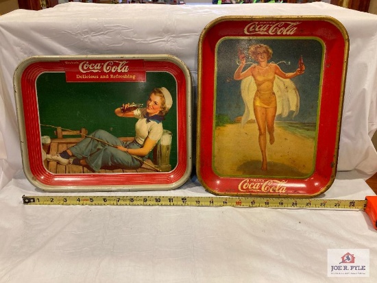 Coca Cola Bathing Beauty and Fishing metal Coke tray 10 1/2" x 13"