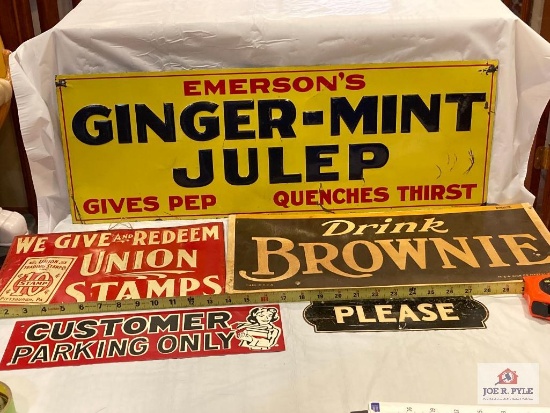 Metal signs: Emerson's Julep, Customer parking, Union Stamps, Please, etc