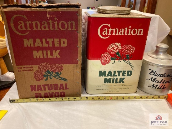 Carnation Malted Milk large tin with box and Borden's Malted Milk tin