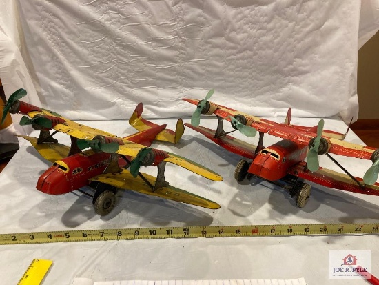 2 Marx tin US Mail wind up airplanes 18" x 14" x 5", as found