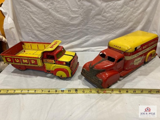 2 Marx tin trucks: Lumar Construction Dump and Hi Way Express 12"