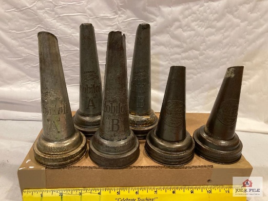 6 Mobiloil "B" & Master oil bottle metal spouts