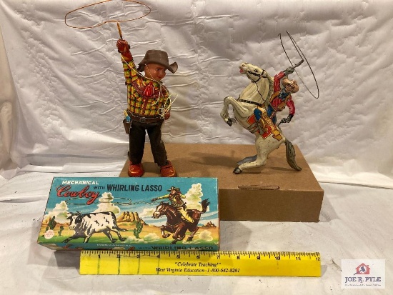 Tin wind-up "Lone Ranger" and Cowboy with Lasso with box