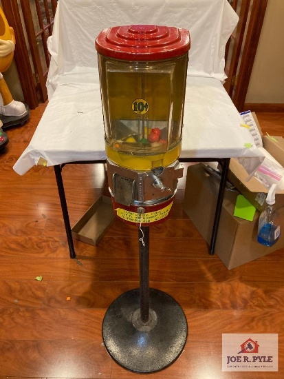 Vendorama 10 cent vending machine on stand 18" x 8" x 8" with 45" base with key, as found