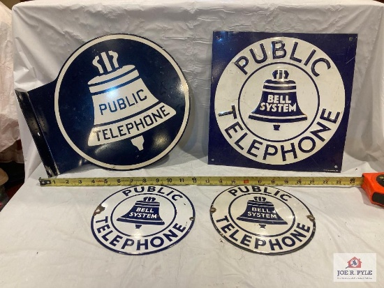 3 porcelain public telephone signs and 1 metal one