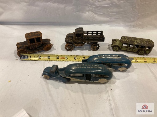 Cast iron 1936 Great Lakes Exposition tractor trailer, extra trailer, truck, bus, and car