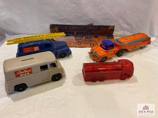 Courtland metal Gulf Gasoline truck w/box 12", RCA repair truck 9", Sealtest and Esso banks 7"