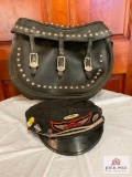 Harley Davidson cap with vintage pins and Black motorcycle saddlebag