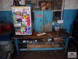 Lot to include work table, minifridge, cabinet, vintage diagnostic machine and contents