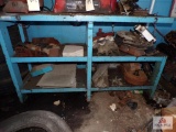 Metal work table with contents of lower shelfs and lateral file cabinet