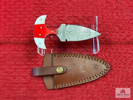 [207] Damascus blade punch dagger w/leather sheath