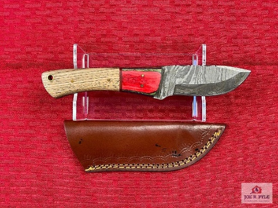 [210] Damascus fixed blade hunting knife w/leather sheath