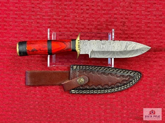 [219] Damascus blade hunting knife w/leather sheath