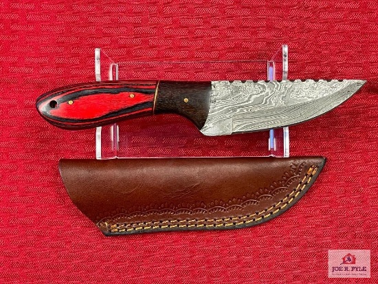 [221] Damascus blade belt knife w/leather sheath