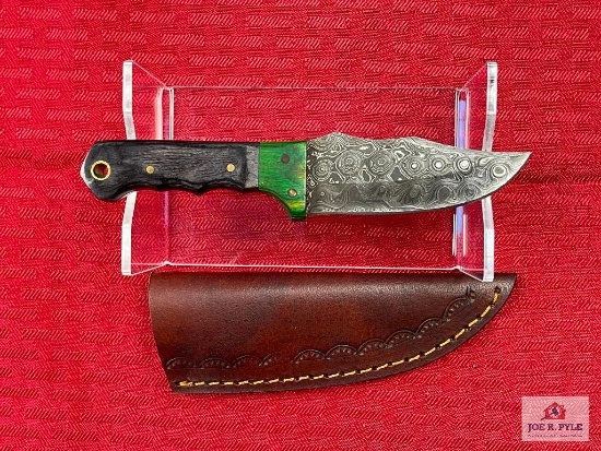 [228] Damascus blade belt knife w/leather sheath