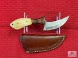 [208] Damascus blade skinning knife w/leather sheath