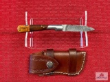[209] Damascus folding blade pocket knife w/leather sheath
