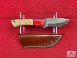 [210] Damascus fixed blade hunting knife w/leather sheath