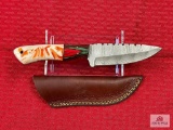 [217] Damascus blade hunting knife w/leather sheath