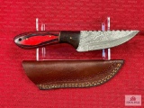 [221] Damascus blade belt knife w/leather sheath