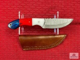 [224] Damascus blade hunting knife w/leather sheath