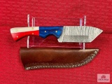 [225] Damascus blade belt knife w/leather sheath