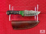 [228] Damascus blade belt knife w/leather sheath