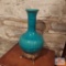 2 Turquoise crackle glass vases with brass stands