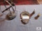 Decorative sundial, miniature pail and water can, servant table brush and pan