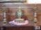 Hermie pink granite and brass candelabras and clock approx. 28 inches