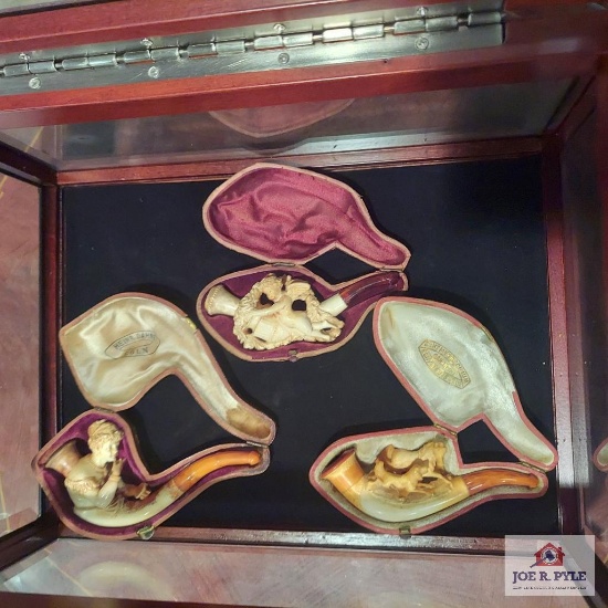 3 Meerschaum pipes with display cabinet