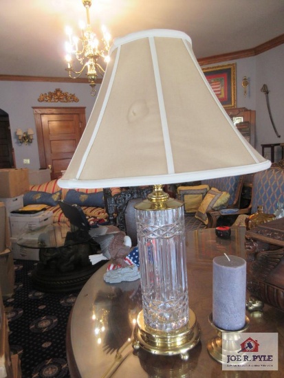 Brass and crystal lamp approx. 31 inches tall