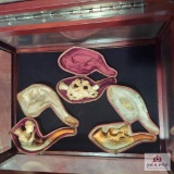 3 Meerschaum pipes with display cabinet