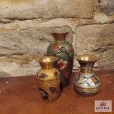 3 hand painted brass vases