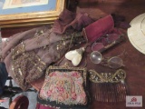Vintage purse, scarf, glasses, comb and mother of pearl pill bottle