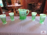 Vintage Mosser Opalescent green glass cherry pitcher and 4 glasses