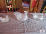 3 Vintage chicken on nest candy dishes clear glass