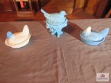 3 Vintage chicken on nest candy dishes blue and white