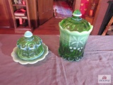 Mosser green cherry thumbprint glass canister and candy dish
