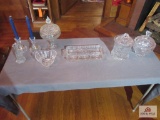 Cut glass candy dishes, relish tray, candle holders and more serving dishes
