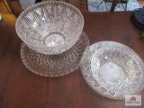 Plastic punch bowl and tray plus large glass tray