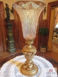 Large cut glass vase on gold color stand approx. 32 inches