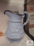 Blue ceramic pitcher with pewter hinged lid Marked W. Ridgeway and Company Oct 1 1835