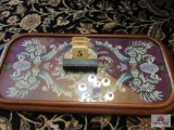 Misc. wood and tapestry tray with calendar